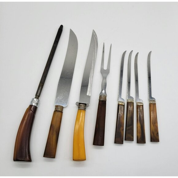 Bakelite Handle Knives Sharpener Fork 8 Pcs Misc. Stainless Blades - Picture 1 of 16